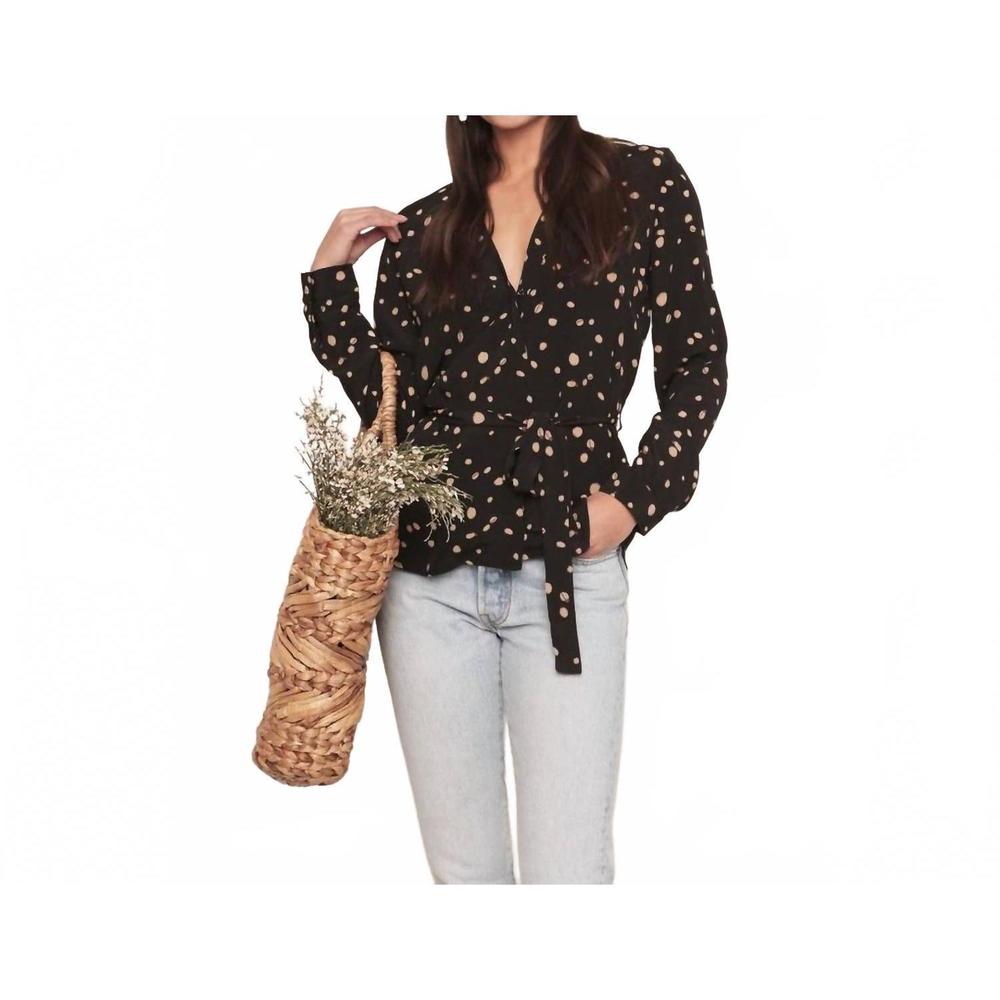 NEW MERRIT CHARLES catamaran wrap blouse in navy / tan dot
